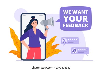 A girl with a loudspeaker asks customers to leave a review. Evaluating app, product, service. Feedback consumer, a customer review. Trendy vector flat illustration.