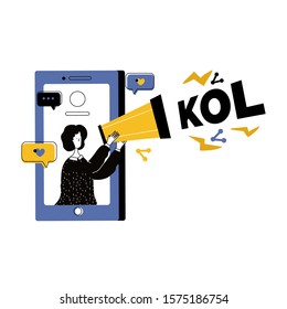 The girl in the loudspeaker, convinces people to share.Social media, an influencer and opinion leader concept banner.Colorful vector illustration in modern flat style.