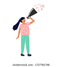 Girl with a loudspeaker. Illustration about network marketing.