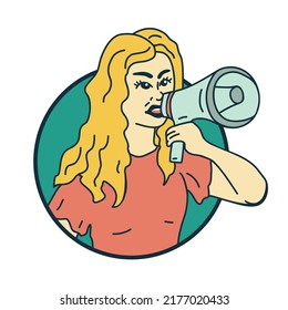 A girl with a loudspeaker. Vector illustration. Protest, activism, announcement, speech, promotion concept.