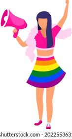 Girl with loudspeaker wearing rainbow outfit semi flat color vector character. Full body person on white. Pride festival isolated modern cartoon style illustration for graphic design and animation