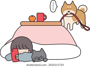 A girl lounging around in a kotatsu, a cat, and a Shiba Inu who wants to go for a walk