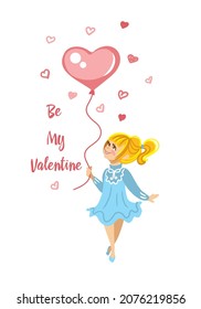 Girl in love with a balloon in her hands. Illustration for the day of San Valentine. Vector.