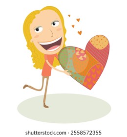 Girl in love with a big heart in her hands. Vector Illustration