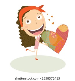 Girl in love with a big heart in her hands. Vector Illustration