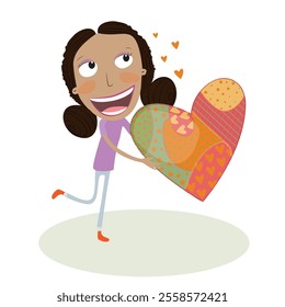 Girl in love with a big heart in her hands. Vector Illustration