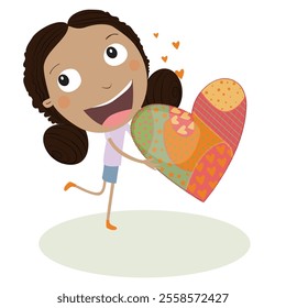 Girl in love with a big heart in her hands. Vector Illustration