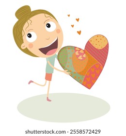 Girl in love with a big heart in her hands. Vector Illustration