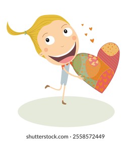 Girl in love with a big heart in her hands. Vector Illustration