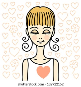 Girl in love with big heart on her shirt and little hearts around