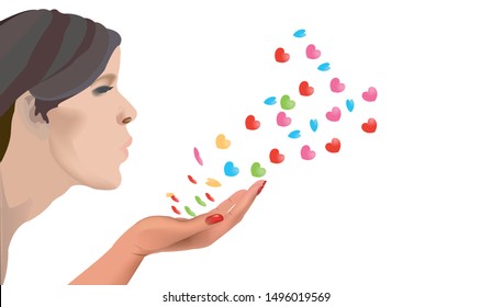 girl in love blow into the hand full of hearts