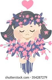 Girl in love with a bouquet of spring flowers and a wreath on her head. Cartoon character with freckles and short hair, illustration for your design cards, website, leaflets and so on.