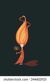 Girl in love is carrying burning heart. She has heart shaped shadow and small hearts inside her hair. Can be used as a greeting or invitation card for st. valentine's day