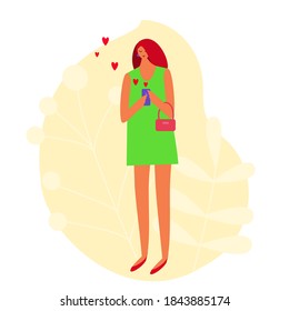 a girl in love communicates on the phone, the girl writes sms. vector illustration