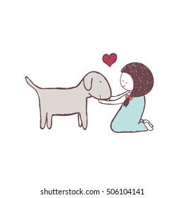 girl love dog with red heart hand drawn vector
