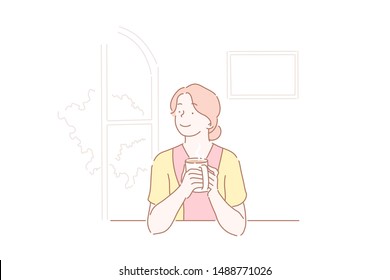 Girl in love dreams of, thinks, or resting drinking a cup of coffee at kitchen. Happy young housewife after work at home. Simple flat vector.