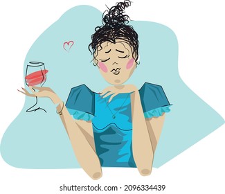 Girl in love and glass wine