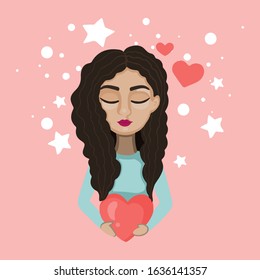 Girl in love. Girl with heart in her hands. Girl with black hair. Holiday card design. Valentine's Day card. Cartoon character. Vector illustration. 