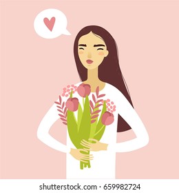 The girl in love is holding a bouquet of flowers. Young woman in white with a bouquet. Vector cartoon illustration. Pink background. Bubble with heart