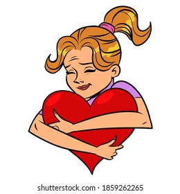 Girl in love hugs red heart. Comic cartoon vintage retro style