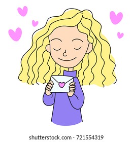 Girl with a Love Letter Dreaming Cartoon Vector Illustration