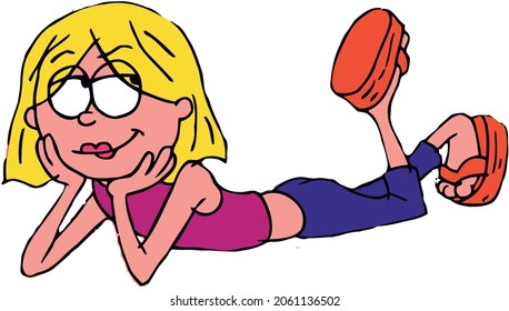 Girl in love lying upside down cartoon yellow hair