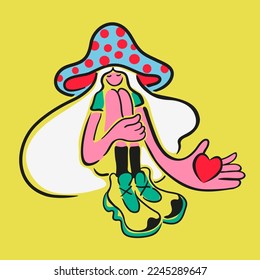 girl in love in a mushroom hat with long hair in a flat style