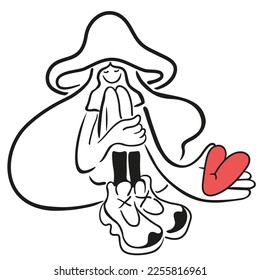 girl in love in a mushroom hat with long hair in a flat style