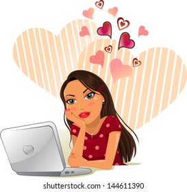 Girl in love online in front of the computer-Gradient mesh-EPS10
