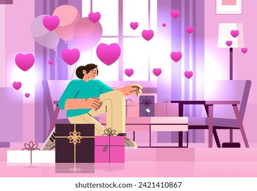 girl in love opening gift boxes in living room with pink air balloons in heart shape happy valentines day celebration concept