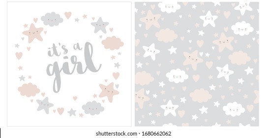 It's a Girl. Lovely Baby Shower Illustration and Seamless Vector Pattern. Wreath Made of Cute Stars, Fluffy Clouds and Sweet Hearts. Happy Sky Vector Print. Funy Nursery Art Ideal for Card, Greeting.