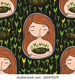 Girl loves her garden seamless pattern. Spring illustration.