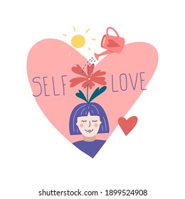 The girl loves herself. Flower on the head, watering can and sun, replenishment of resources. Flat cartoon vector illustration, hand drawn style. Well-being, self love concept.