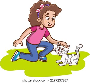 girl loving a cute kitten vector illustration
