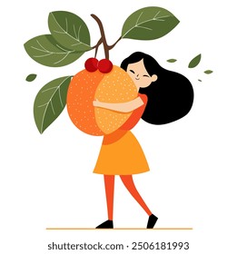 Girl Loving Fruit. Flat Vector Illustration