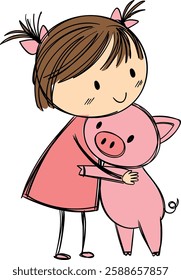 A girl lovingly embraces her pig friend