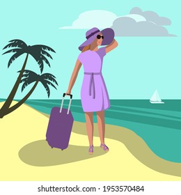 Girl with luggage on a tropical beach. Summer landscape for postcards, banners. Color vector illustration in a flat style.