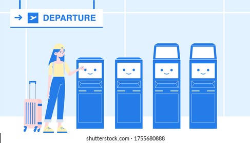 A Girl with Luggage Using A Set of Four Self service Check-in Kiosk, Airline Advertising Display, Interative Touch Screen, in Airport Departure Terminal background, flat geometric vector