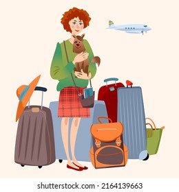 A girl with a lot of luggage is waiting at airport. Vector illustration