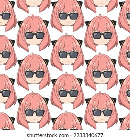 Girl with lush pink hair wearing glasses, not smiling, head only, pattern svg