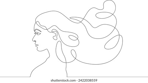 Girl with luxury long hair. Hair blowing in the wind. Portrait profile of a woman. Women's hairstyle. One continuous line drawing. Linear. Hand drawn, white background. One line