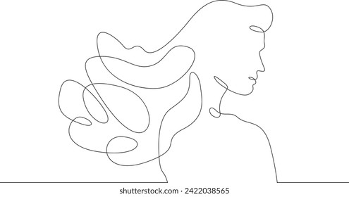 Girl with luxury long hair. Hair blowing in the wind. Portrait profile of a woman. Women's hairstyle. One continuous line drawing. Linear. Hand drawn, white background. One line