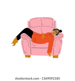 Girl Lying in Armchair and Listening to Music in Headphones, Young Woman Spending Weekend at Home and Relaxing Vector Illustration