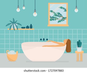 The girl is lying in the bath, the interior of the bathroom with a window, flowers. A woman is resting at home. Simple flat vector illustration in green and orange colors.