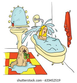 Girl lying in the bath under running water, The dog is holding in his teeth Slippers. Vector illustration.