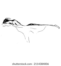 Girl lying in bed face down sleeping or crying. Hand drawn linear doodle rough sketch. Black silhouette on white background.