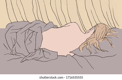 The Girl Is Lying In Bed, A Mosquito Net Hanging Over Her