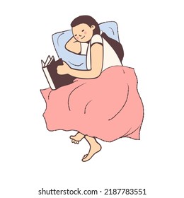 The girl is lying in bed and reading a book.  Vector illustration with cartoon style.