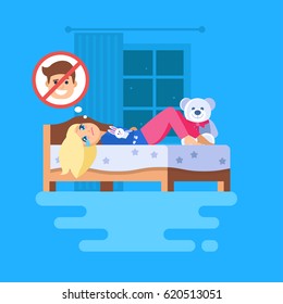 A girl lying in bed with a teddy bunny and crying. The girl trying to cause self-pity and thinking about a boy who broke her heart. Her hands folded across her stomach. Isolated vector scene.