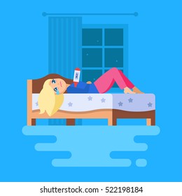 A girl lying in bed with a thermometer and crying. The girl trying to cause self-pity. Her hands folded across her stomach. Isolated vector scene. 